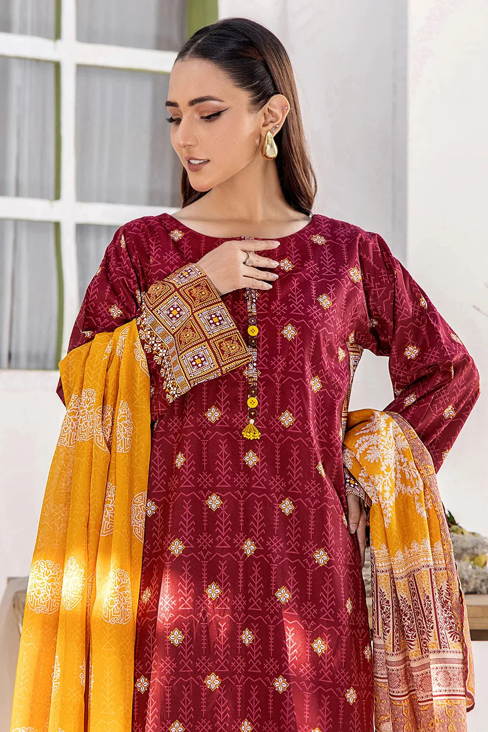 3PC Printed Unstitched Lawn Suit KLA-2709 Maroon Printed KHAS STORES 