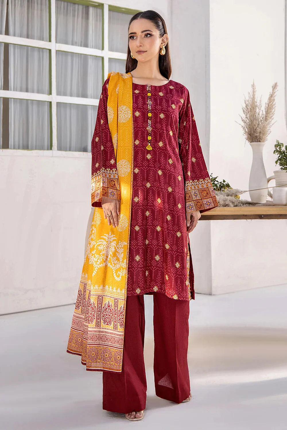 3PC Printed Unstitched Lawn Suit KLA-2709 Maroon Printed KHAS STORES 