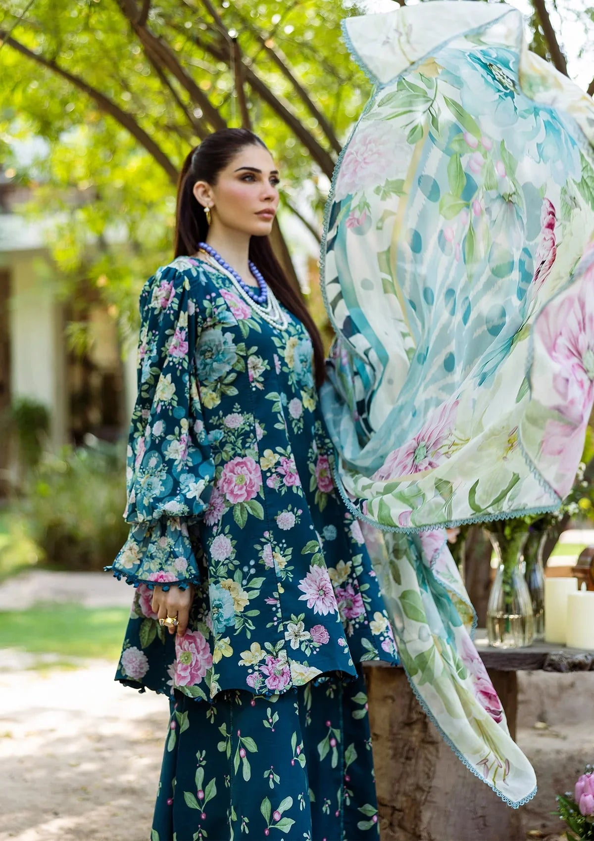 Elegant dress AZURE FERN FROM ELAF PRINTS WITH CHIFFON DUPATTA COLLECTION 2025.