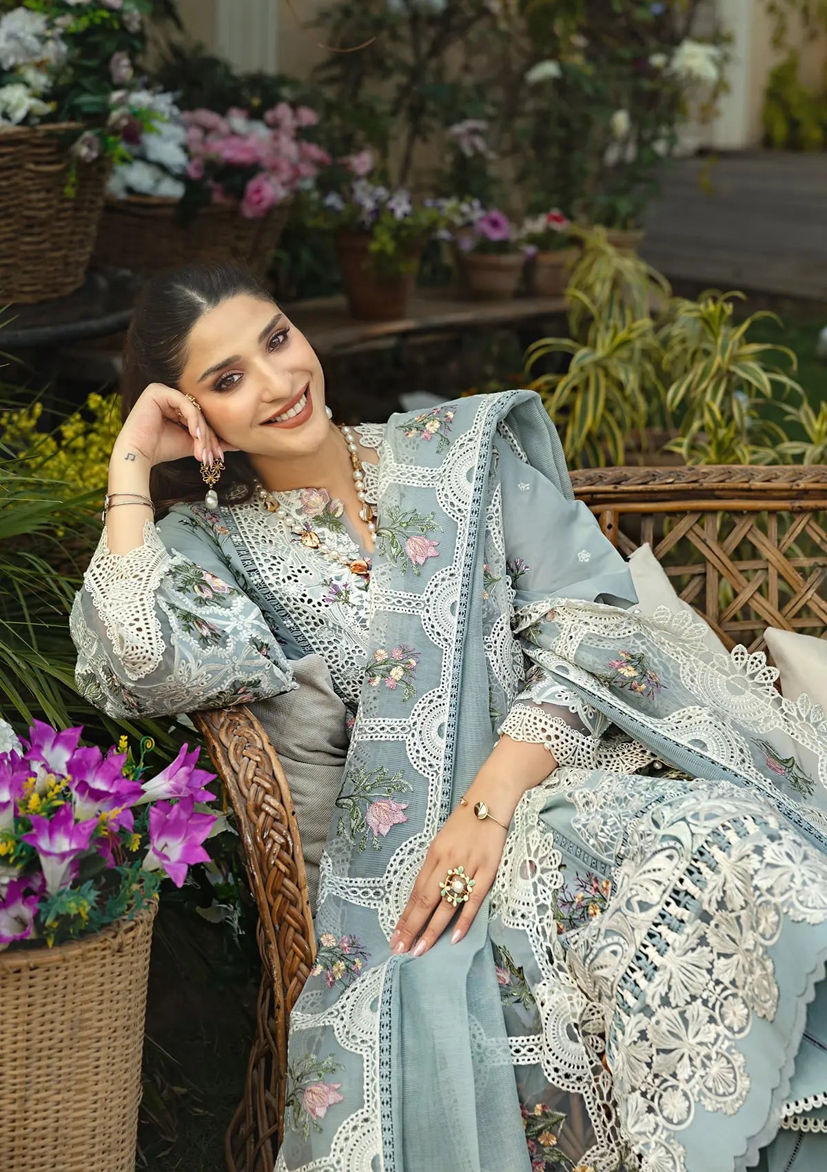 Stunning EMBROIDERED COTTON NET PATCHED DUPATTA and EMBROIDERED ORGANZA DAMAN BORDER.