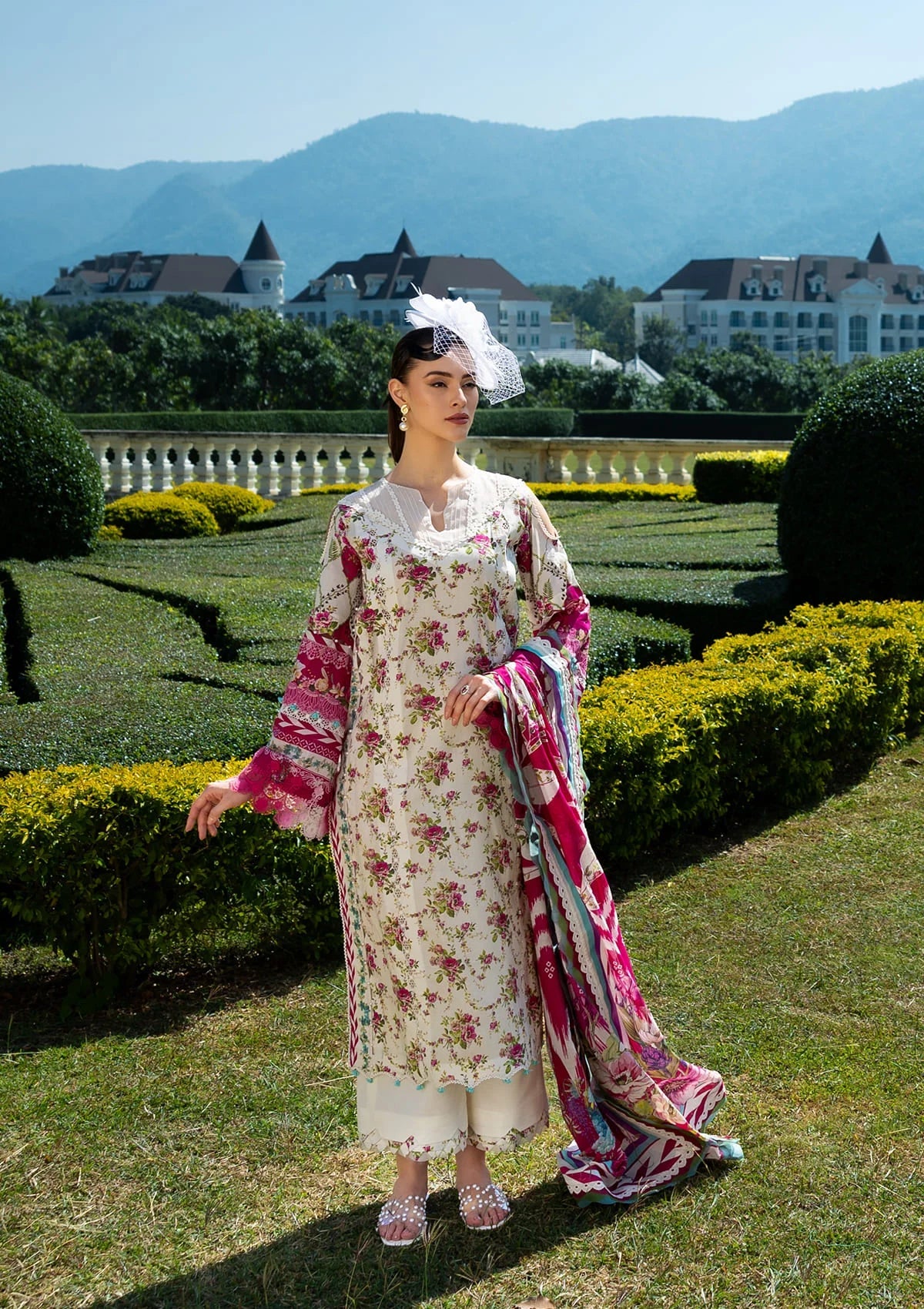 beautiful Printed Voile Dupatta in pink and white color