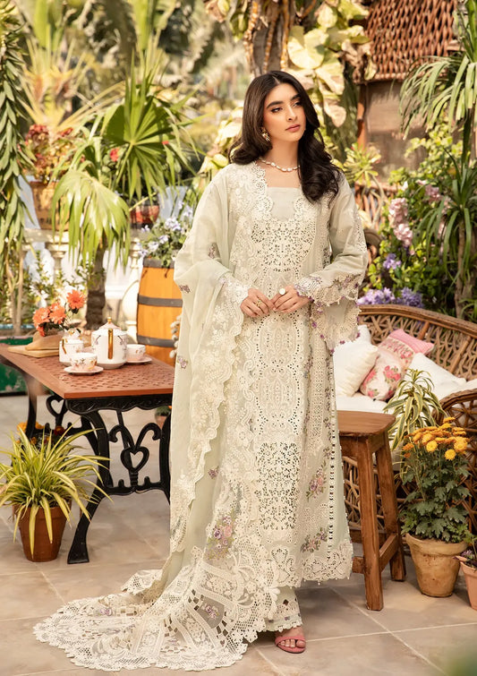 SANAA in EMBROIDERED LAWN LASERWORK FRONT PANEL and EMBROIDERED COTTON NET PATCHED DUPATTA from ELAF Luxury Lawn 2025.