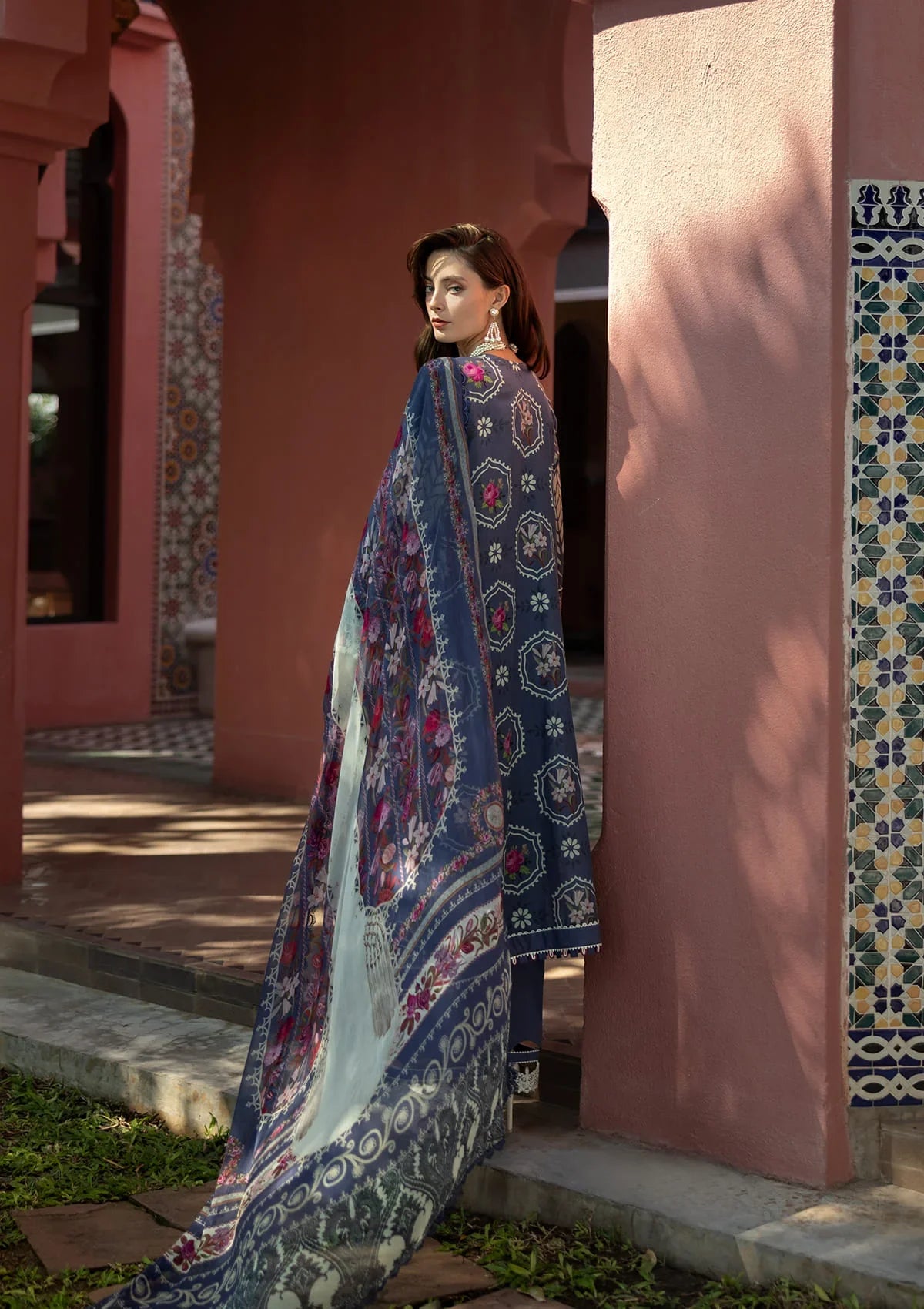 Charming Printed Chiffon Dupatta in blue and white color with florals.