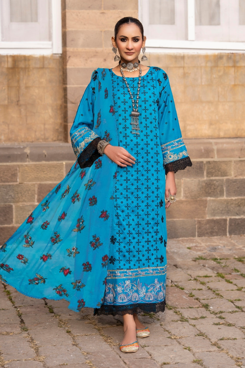 3PC Unstitched | Embroidered Lawn Suit | Chiffon Dupatta