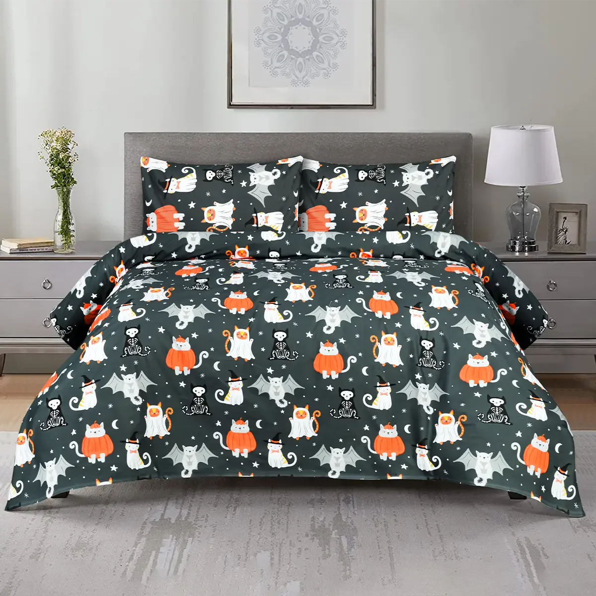 BED SHEET MOONLIT FELINE & BAT - KING Printed Range 144 TC HOMBEDROO 