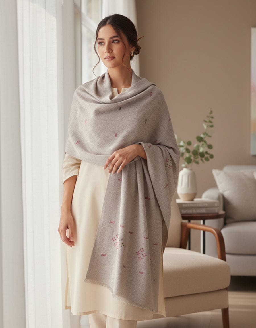 Khaddi Embroidered Shawl-10 Light Grey Apparel & Accessories KHAS STORES 
