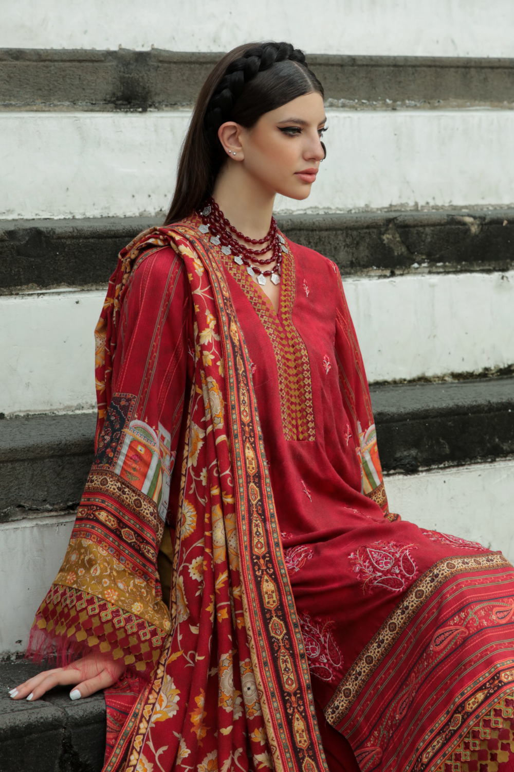 3 PC Unstitched | Embroidered Suit + Shawl