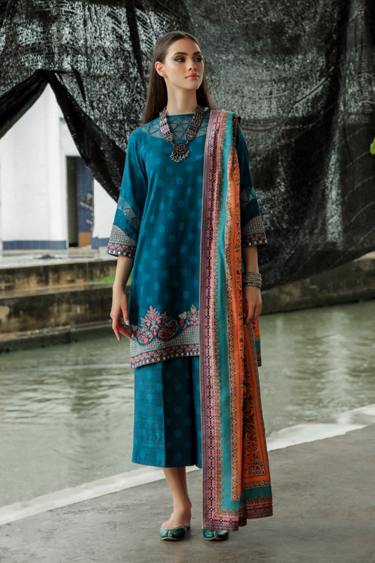 3 PC Unstitched | Embroidered Suit + Shawl