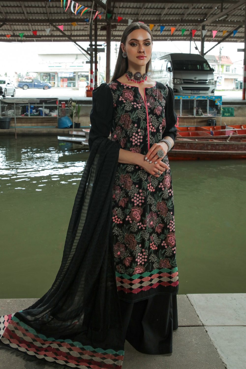 3 PC Unstitched | Embroidered Suit + Organza  Dupatta