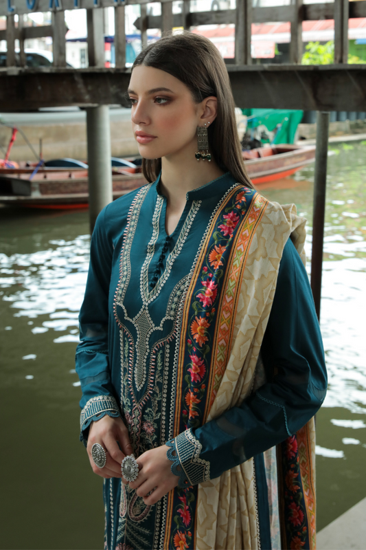 3 PC Unstitched | Embroidered Suit + Shawl