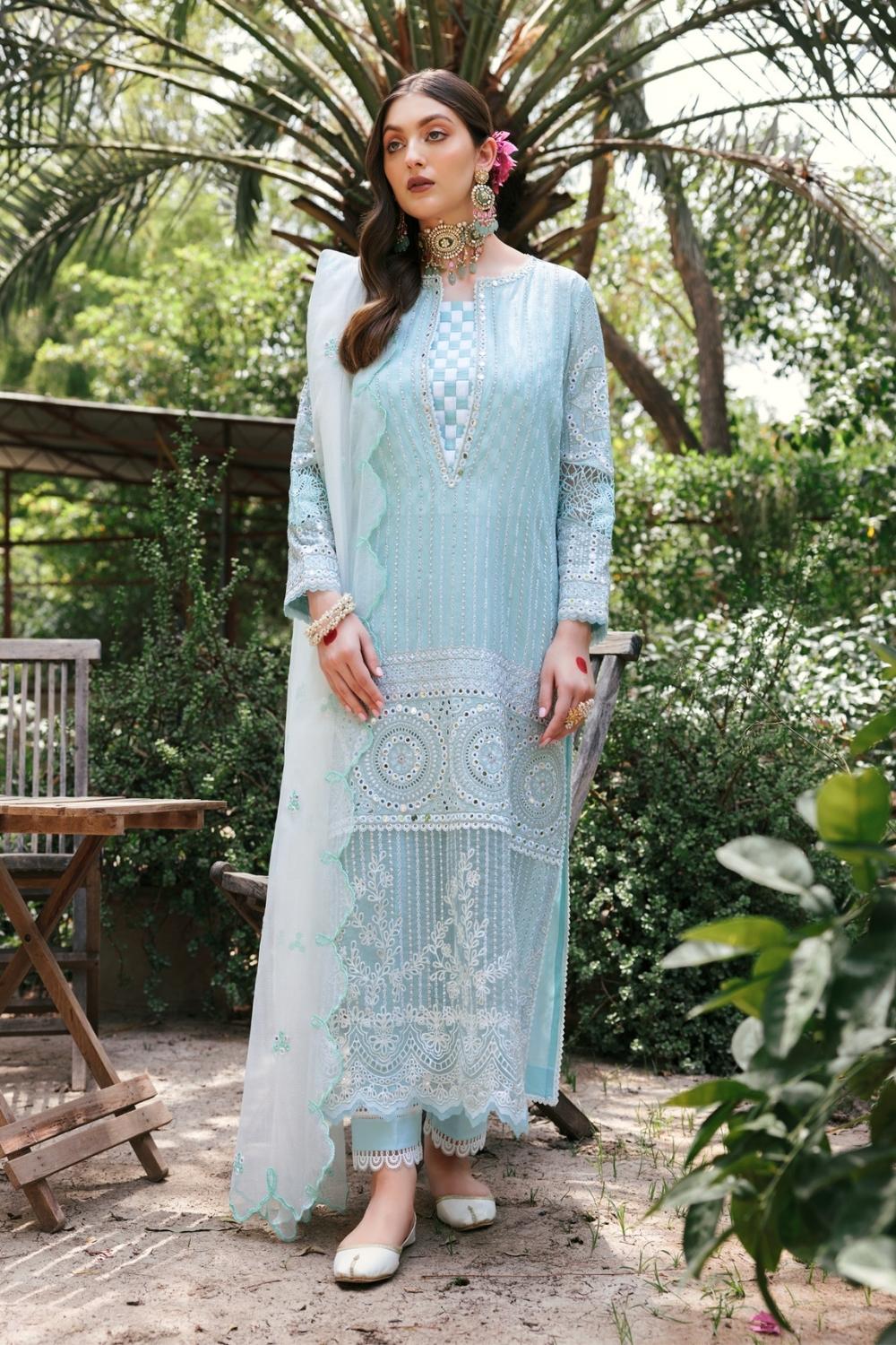3PC Unstitched Embroidered Lawn Shirt | Embroidered Stripes net Dupatta | Cambric Dyed Trouser