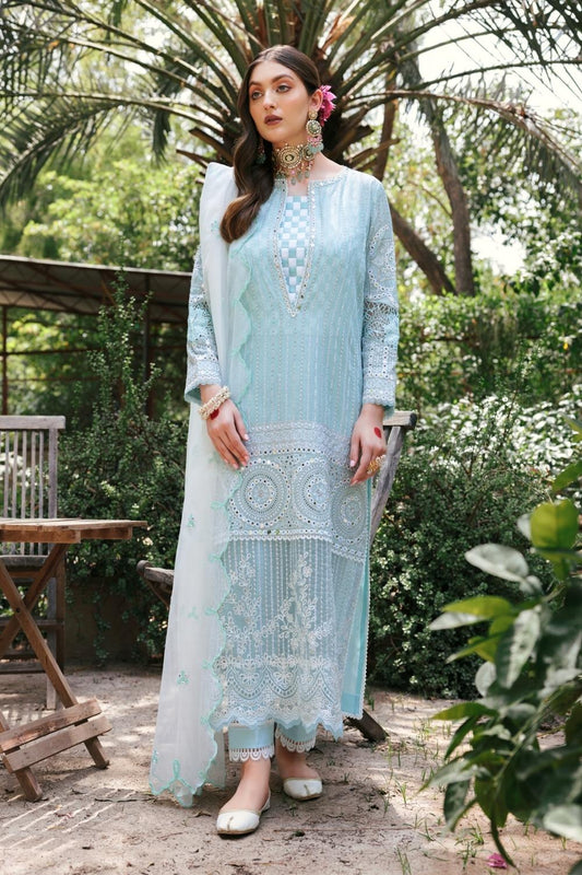 3PC Unstitched Embroidered Lawn Shirt | Embroidered Stripes net Dupatta | Cambric Dyed Trouser