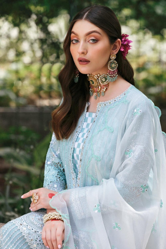 3PC Unstitched Embroidered Lawn Shirt | Embroidered Stripes net Dupatta | Cambric Dyed Trouser