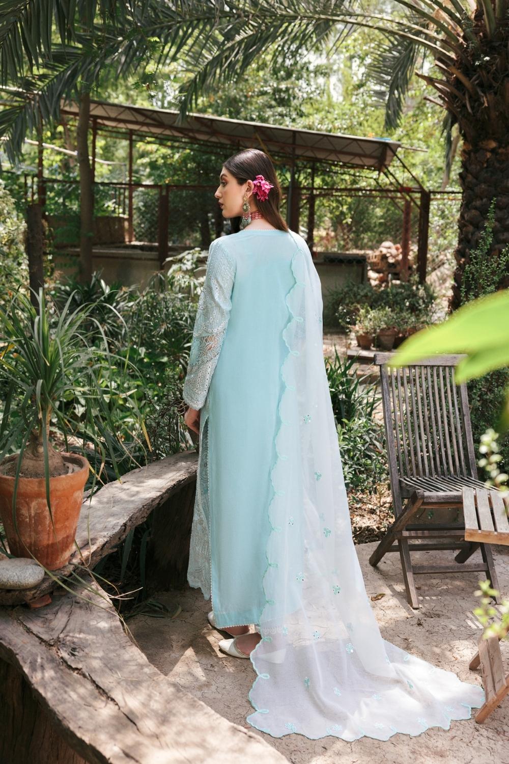 3PC Unstitched Embroidered Lawn Shirt | Embroidered Stripes net Dupatta | Cambric Dyed Trouser