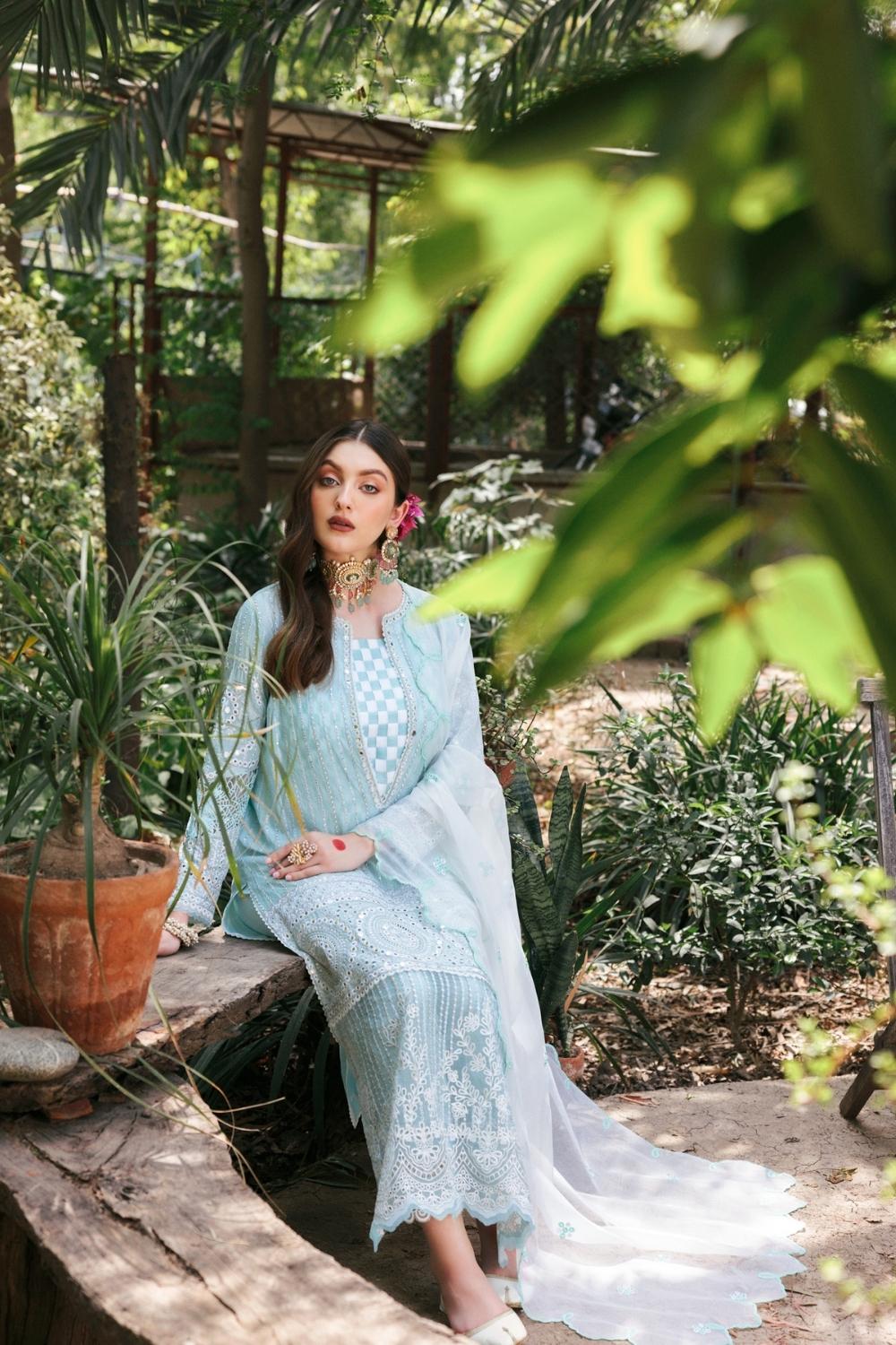 3PC Unstitched Embroidered Lawn Shirt | Embroidered Stripes net Dupatta | Cambric Dyed Trouser