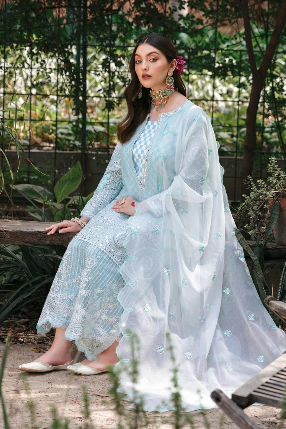 3PC Unstitched Embroidered Lawn Shirt | Embroidered Stripes net Dupatta | Cambric Dyed Trouser