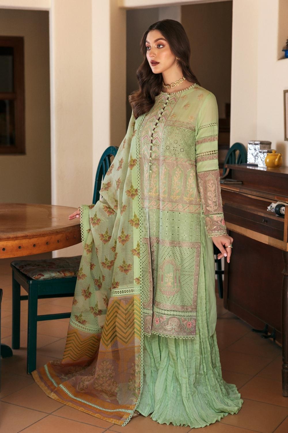 3PC Unstitched Embroidered Lawn Shirt | Block Print Check Organza Dupatta | Cambric Dyed Trouser