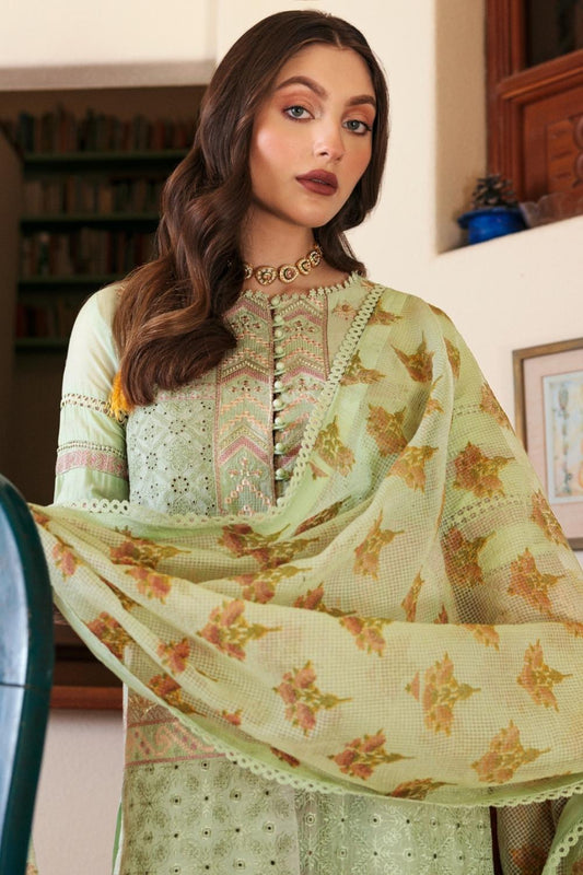 3PC Unstitched Embroidered Lawn Shirt | Block Print Check Organza Dupatta | Cambric Dyed Trouser