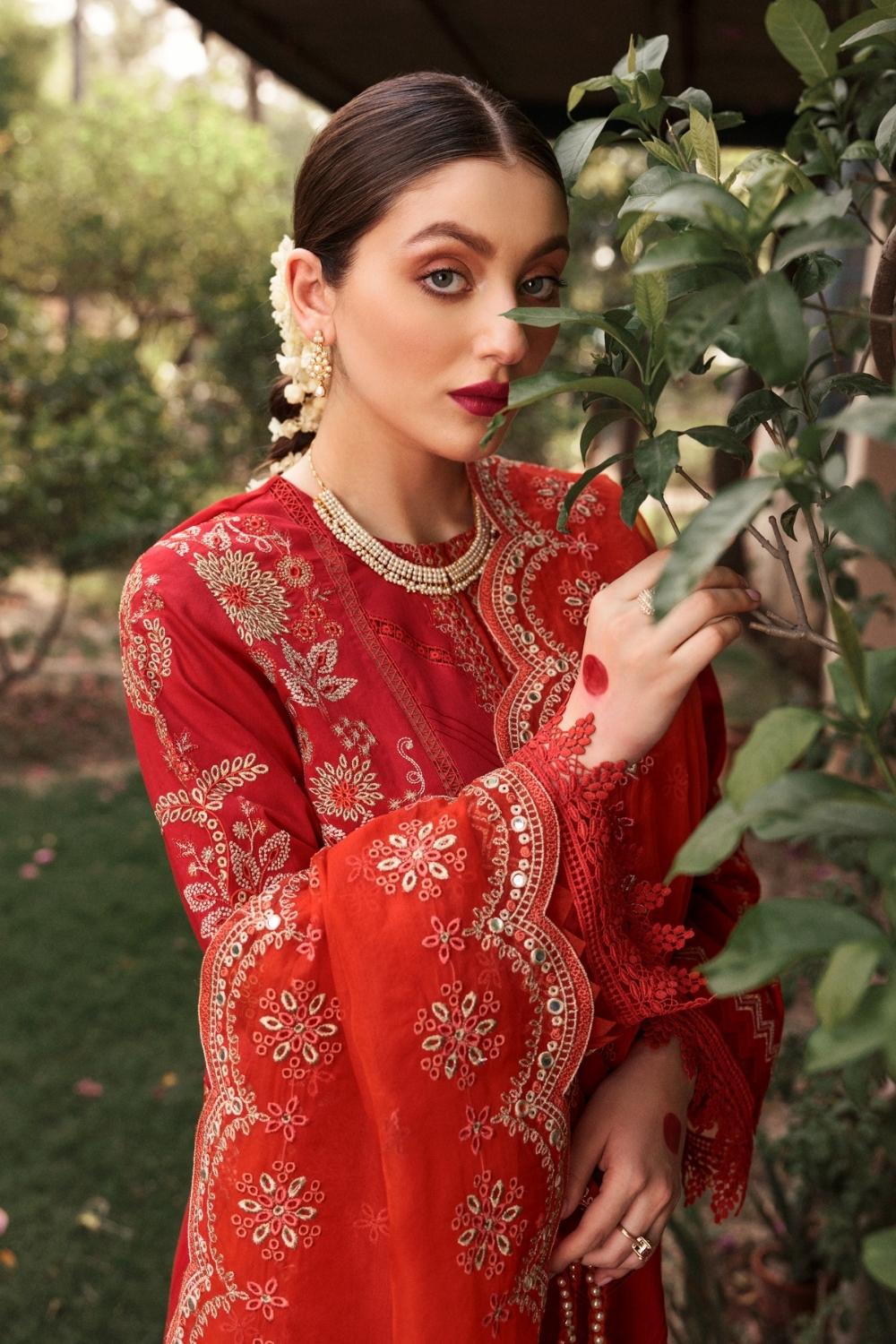 3PC Unstitched Embroidered Lawn Shirt | Embroidered Organza Dupatta | Cambric Dyed Trouser