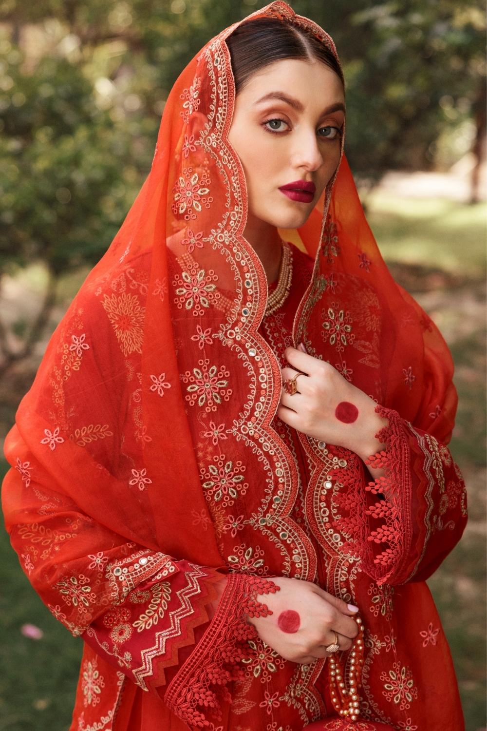 3PC Unstitched Embroidered Lawn Shirt | Embroidered Organza Dupatta | Cambric Dyed Trouser