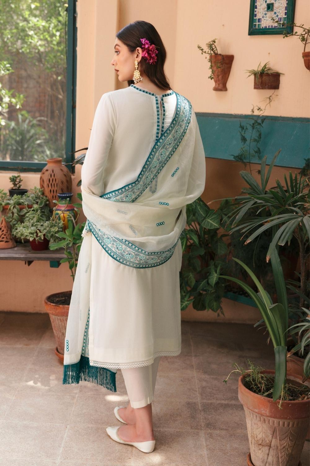 3PC Unstitched Embroidered Lawn Shirt | Embroidered Dyed Raju Net Dupatta | Cambric Dyed Trouser