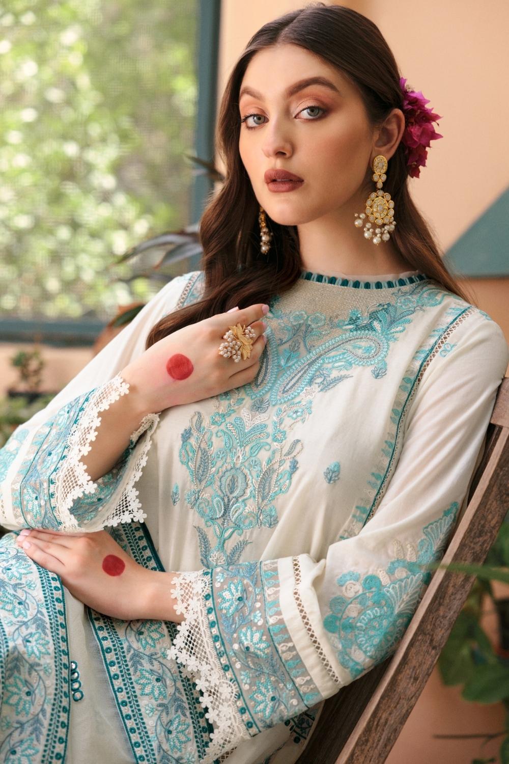 3PC Unstitched Embroidered Lawn Shirt | Embroidered Dyed Raju Net Dupatta | Cambric Dyed Trouser