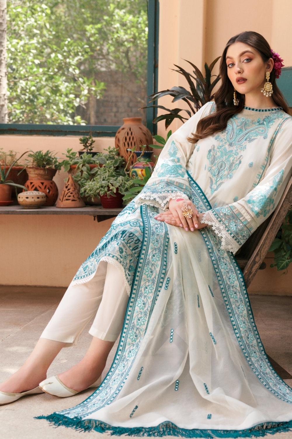 3PC Unstitched Embroidered Lawn Shirt | Embroidered Dyed Raju Net Dupatta | Cambric Dyed Trouser