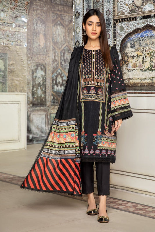 3PC Unstitched Printed+Embroidered Lawn Shirt | Printed Lawn Dupatta | Cambric Dyed Trouser