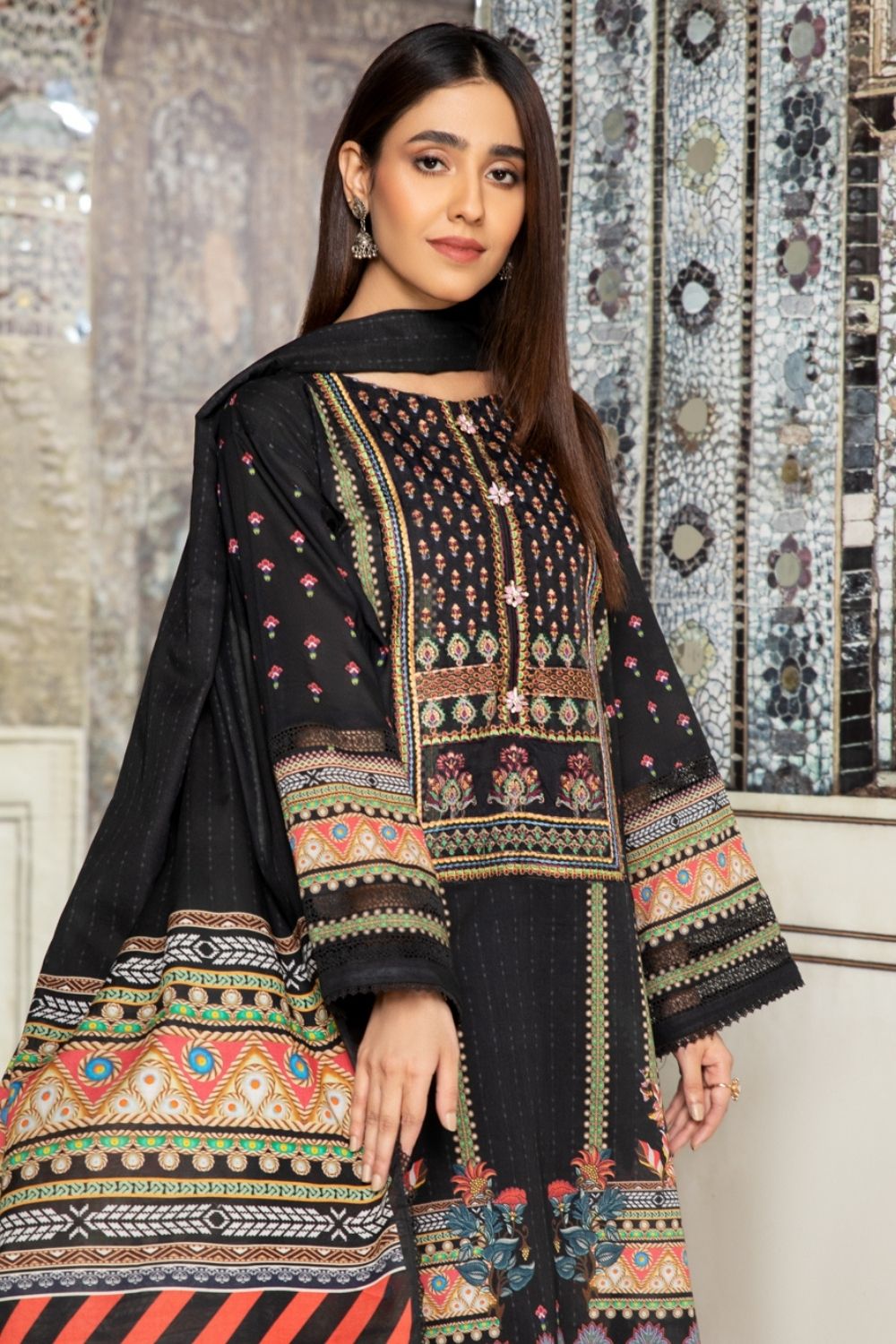 3PC Unstitched Printed+Embroidered Lawn Shirt | Printed Lawn Dupatta | Cambric Dyed Trouser