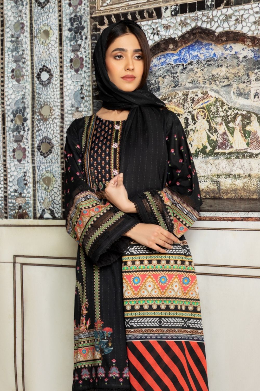 3PC Unstitched Printed+Embroidered Lawn Shirt | Printed Lawn Dupatta | Cambric Dyed Trouser