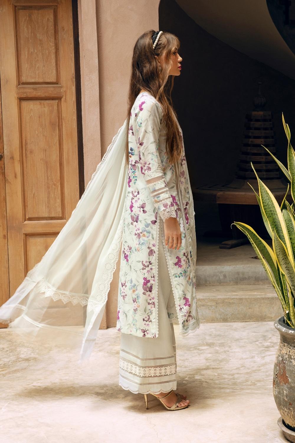 3PC Unstitched | Embroidered Lawn Suit | Poly Silk Printed Dupatta