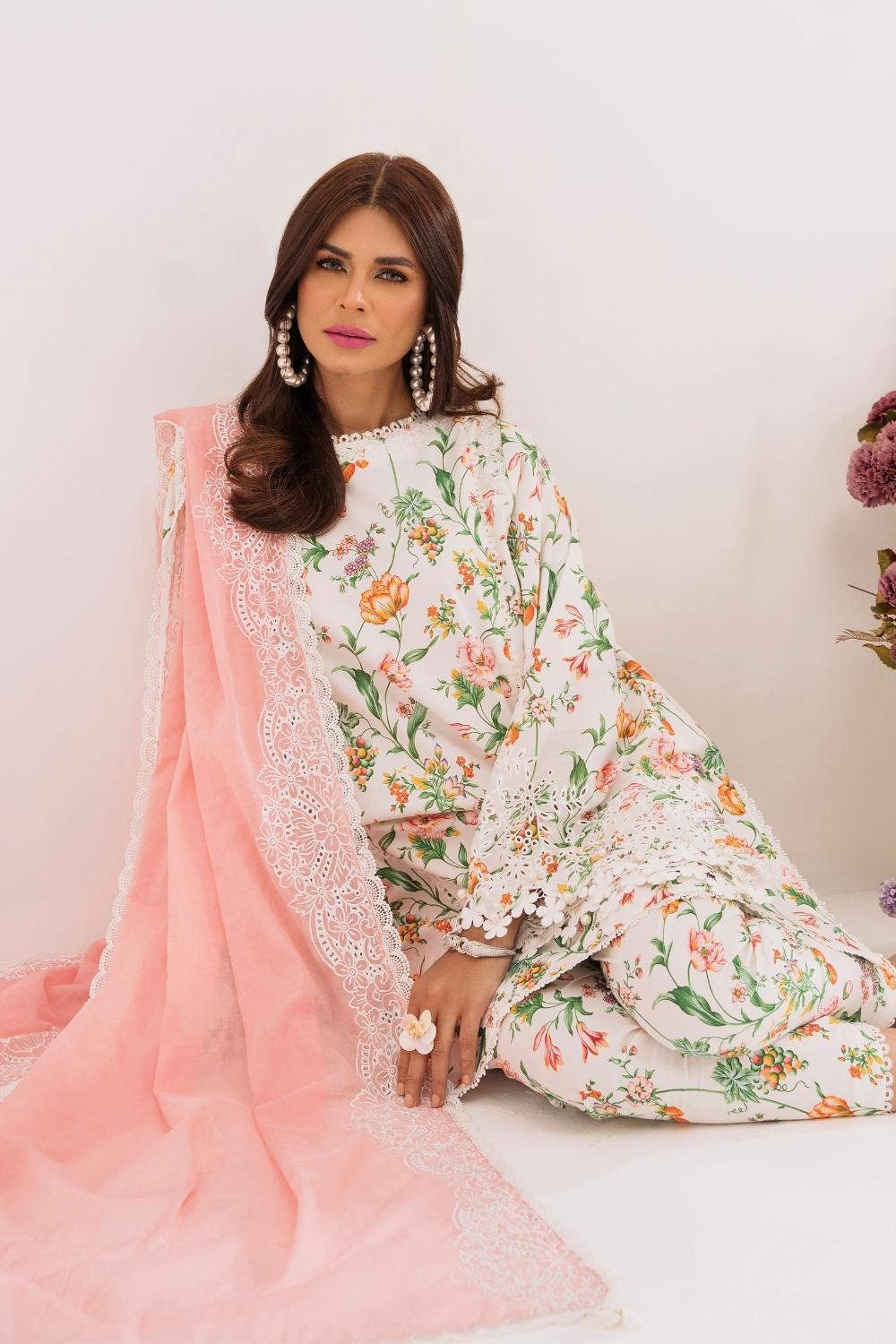 3PC Unstitched | Embroidered Lawn Suit | Silko Dupatta