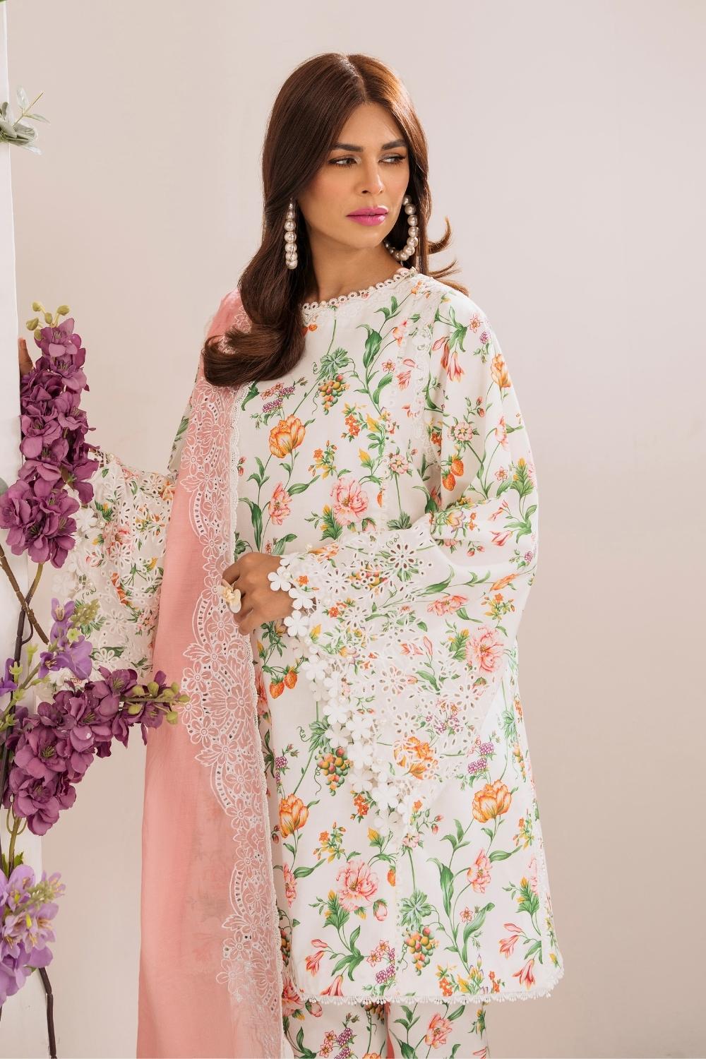 3PC Unstitched | Embroidered Lawn Suit | Silko Dupatta