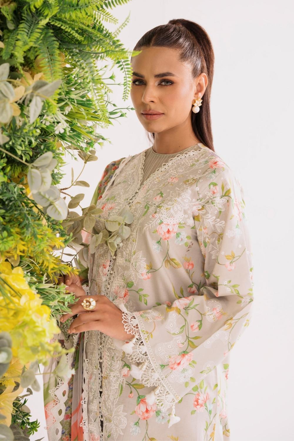 3PC Unstitched | Embroidered Lawn Suit | Chiffon Dupatta