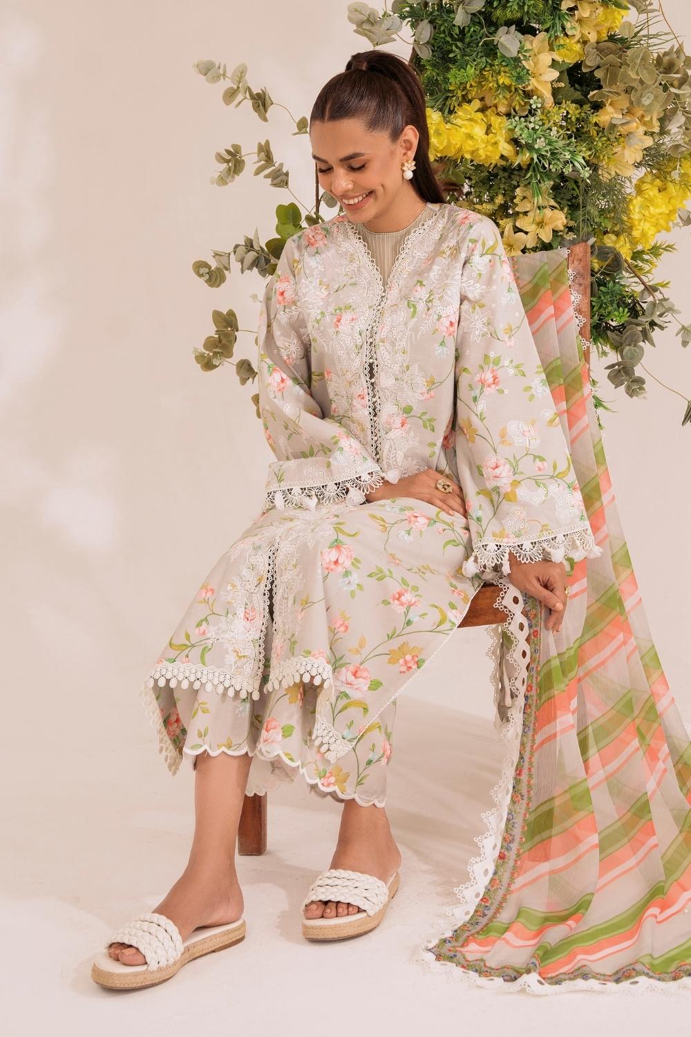 3PC Unstitched | Embroidered Lawn Suit | Chiffon Dupatta