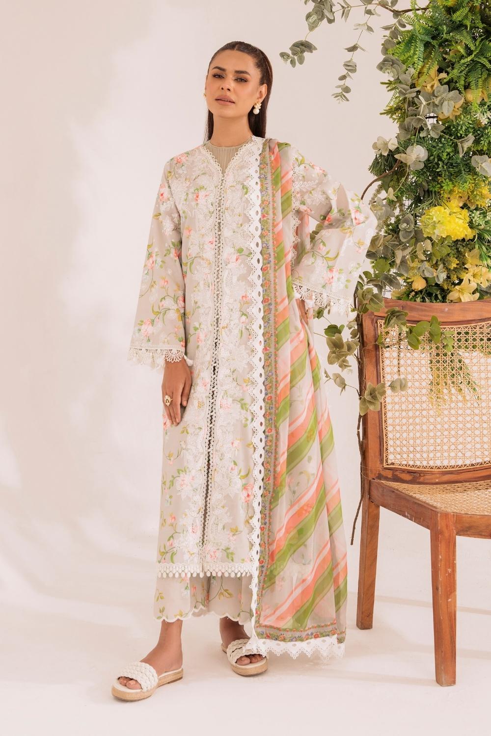 3PC Unstitched | Embroidered Lawn Suit | Chiffon Dupatta