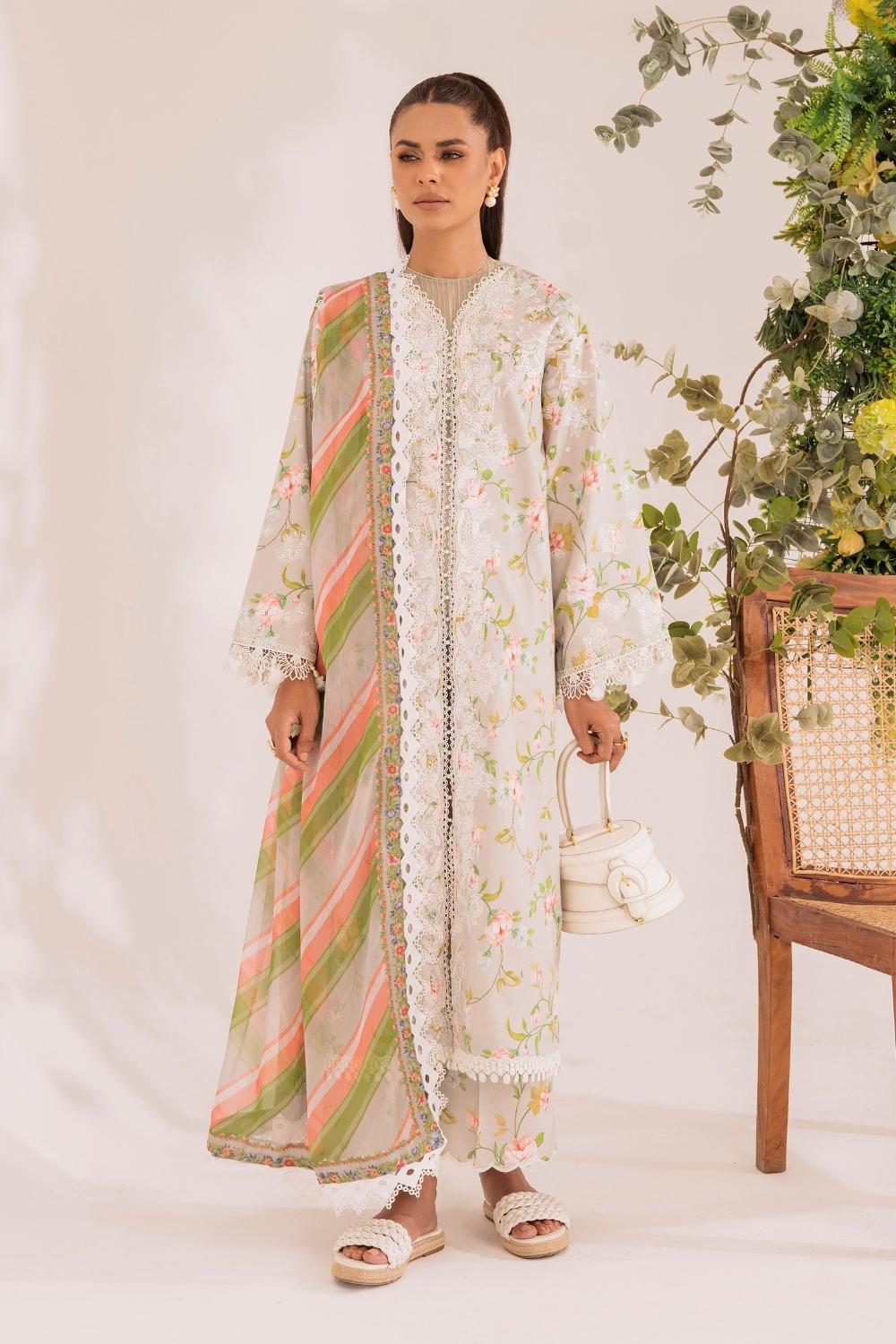 3PC Unstitched | Embroidered Lawn Suit | Chiffon Dupatta