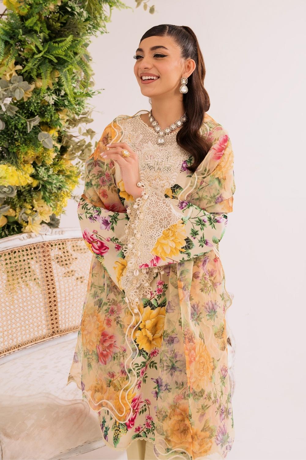 3PC Unstitched | Embroidered Lawn Suit | Organza Dupatta