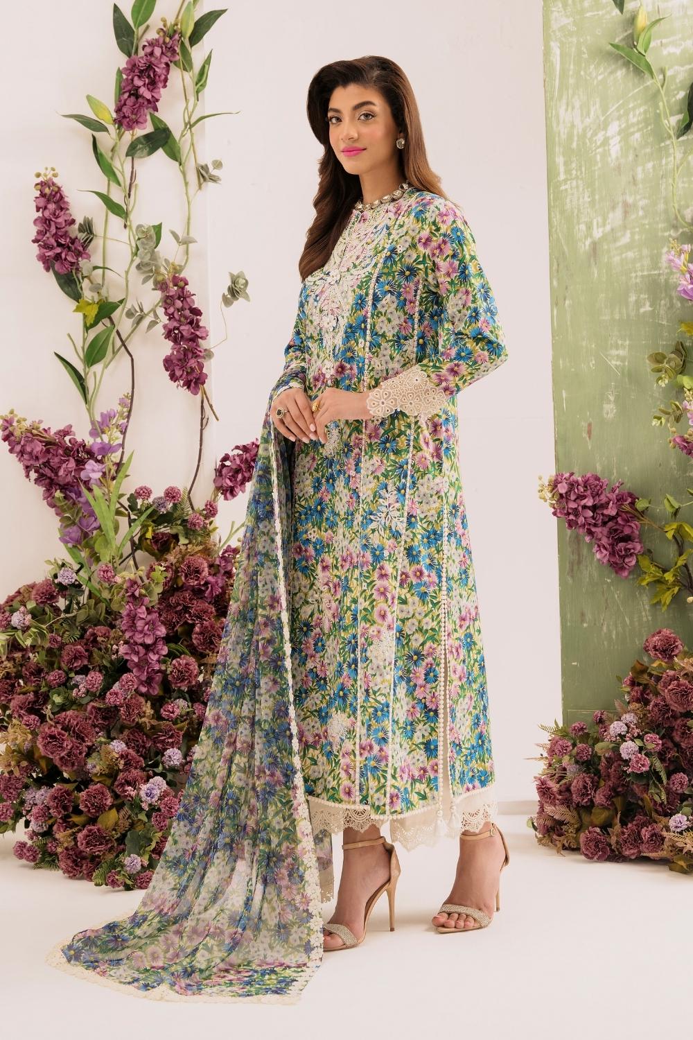 3PC Unstitched | Embroidered Lawn Suit | Chiffon Dupatta