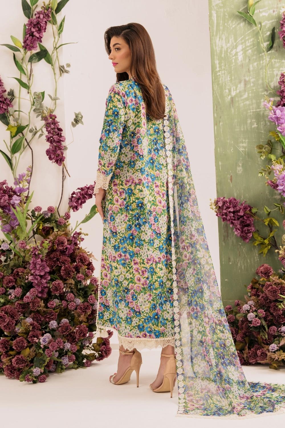 3PC Unstitched | Embroidered Lawn Suit | Chiffon Dupatta