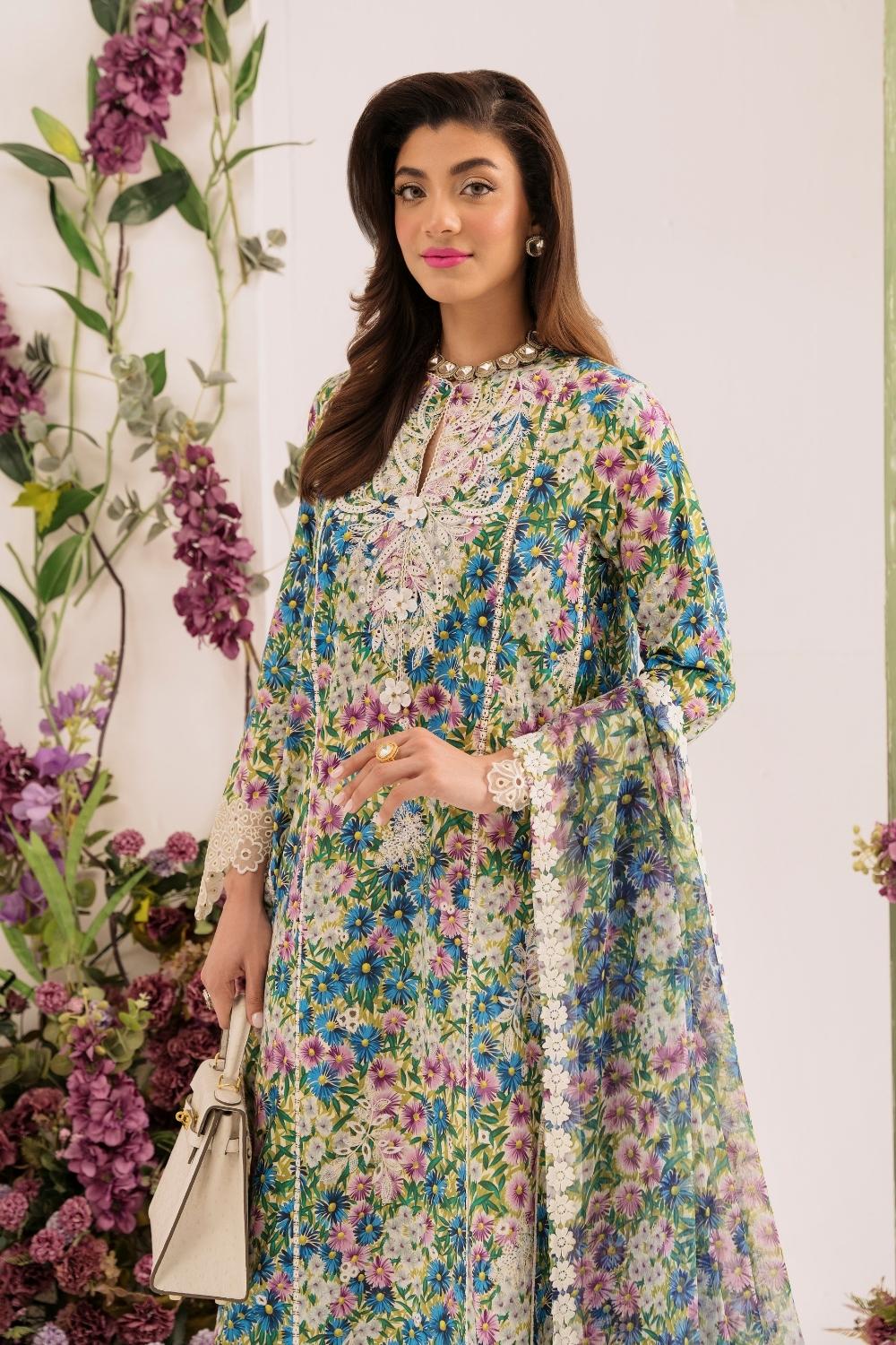 3PC Unstitched | Embroidered Lawn Suit | Chiffon Dupatta