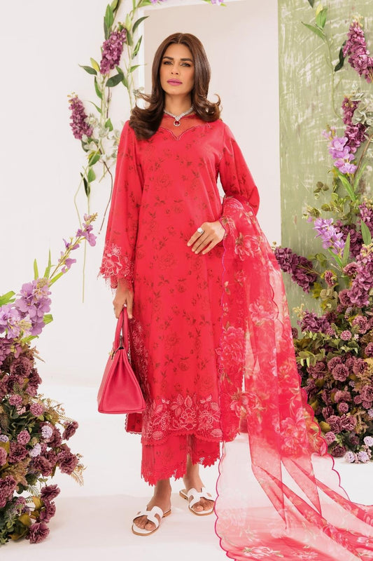 3PC Unstitched | Embroidered Lawn Suit | Organza Dupatta