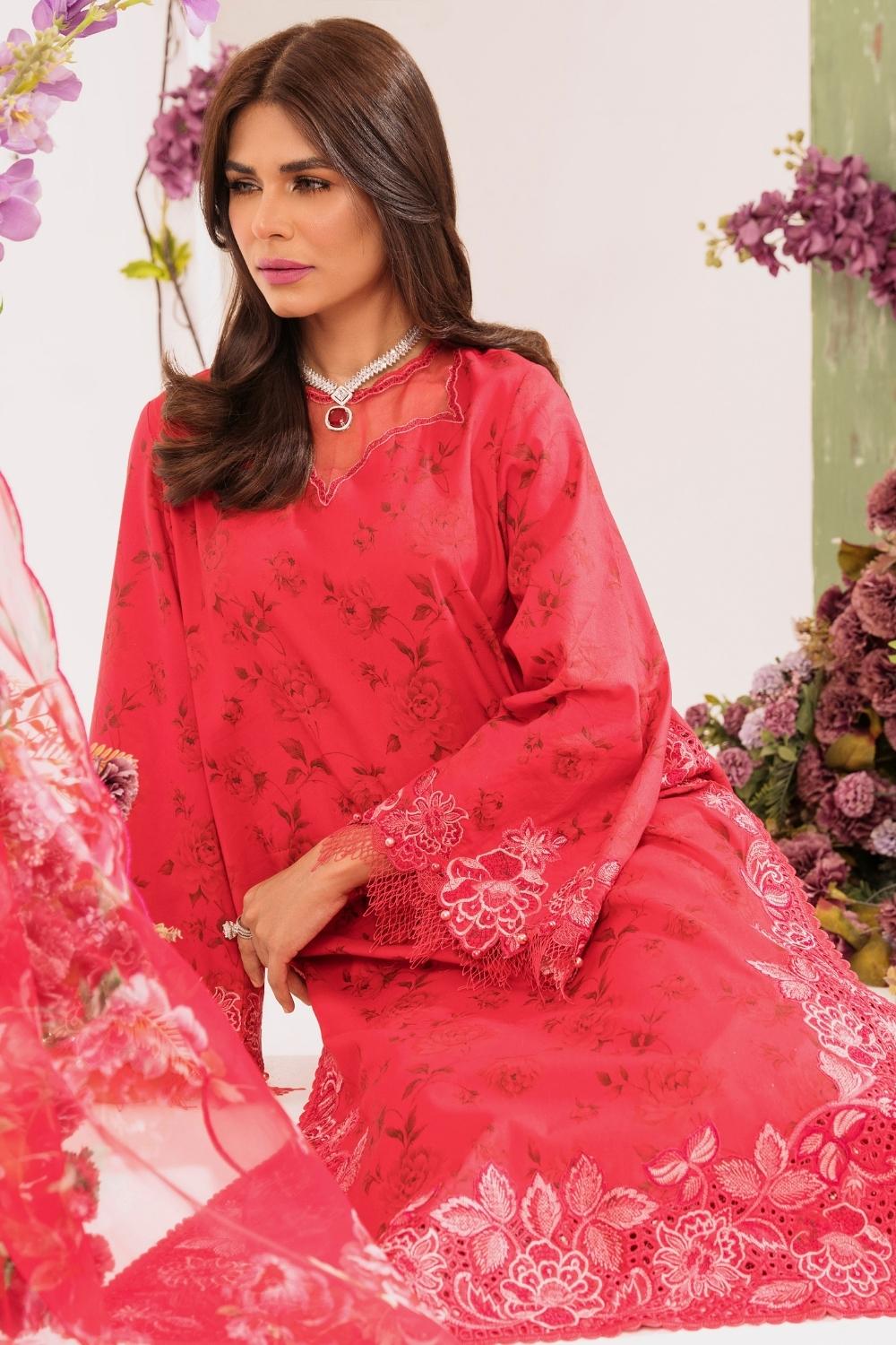 3PC Unstitched | Embroidered Lawn Suit | Organza Dupatta