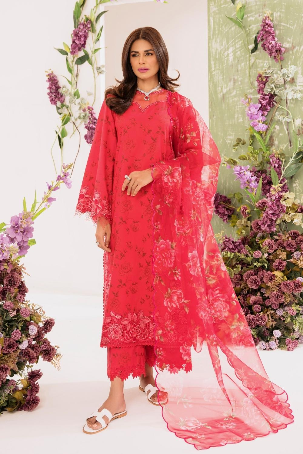 3PC Unstitched | Embroidered Lawn Suit | Organza Dupatta