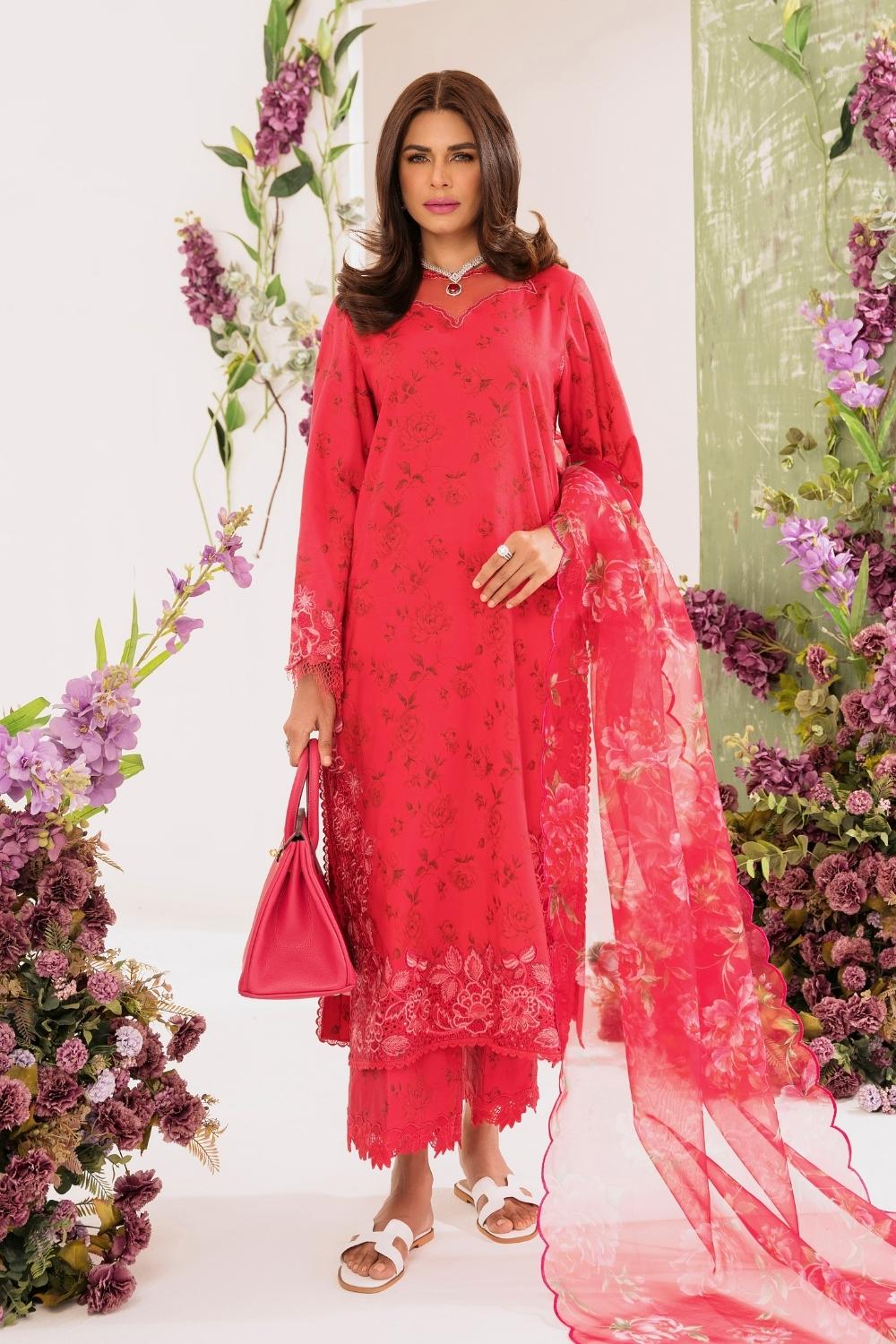 3PC Unstitched | Embroidered Lawn Suit | Organza Dupatta