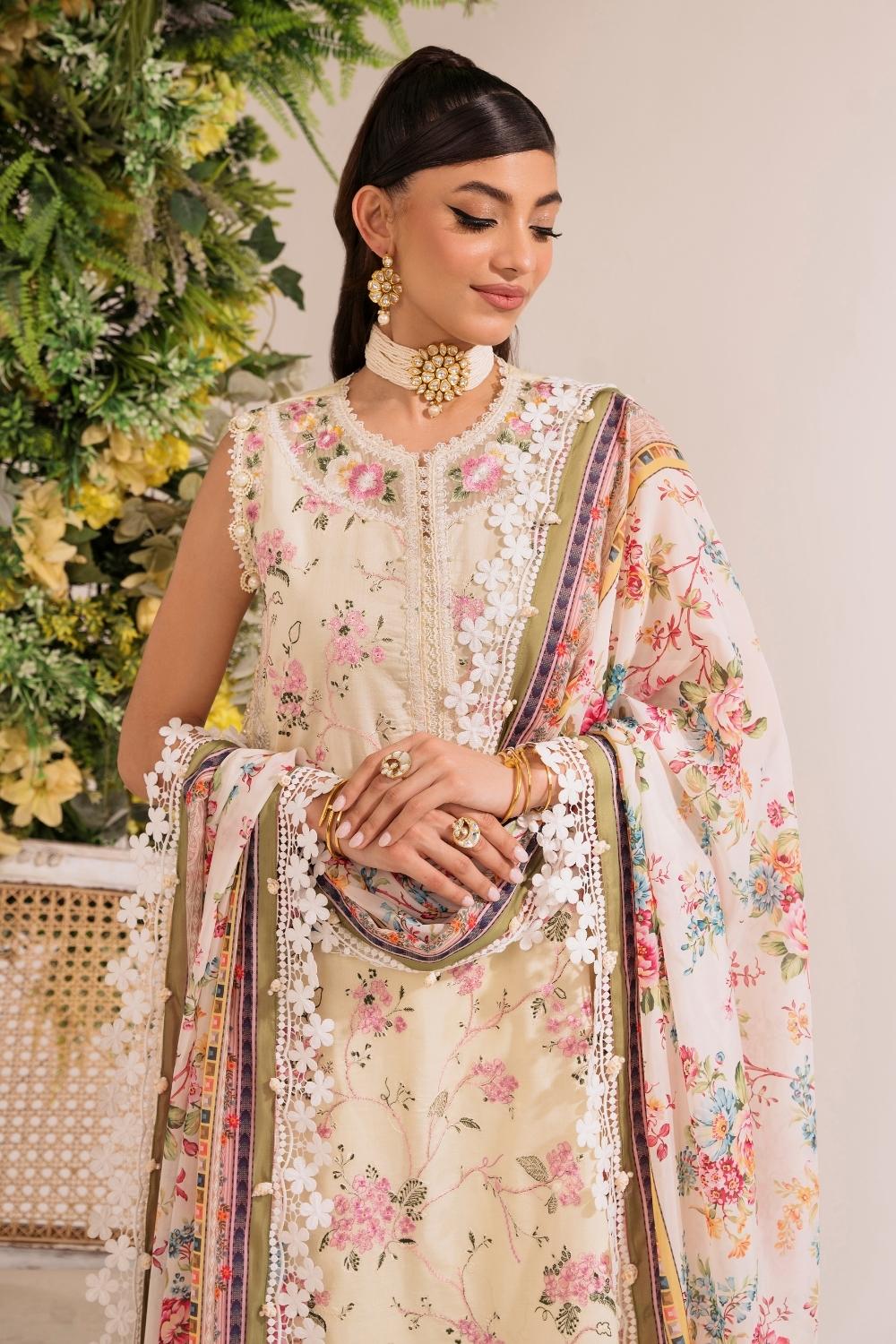 3PC Unstitched | Embroidered Lawn Suit | Silk Dupatta