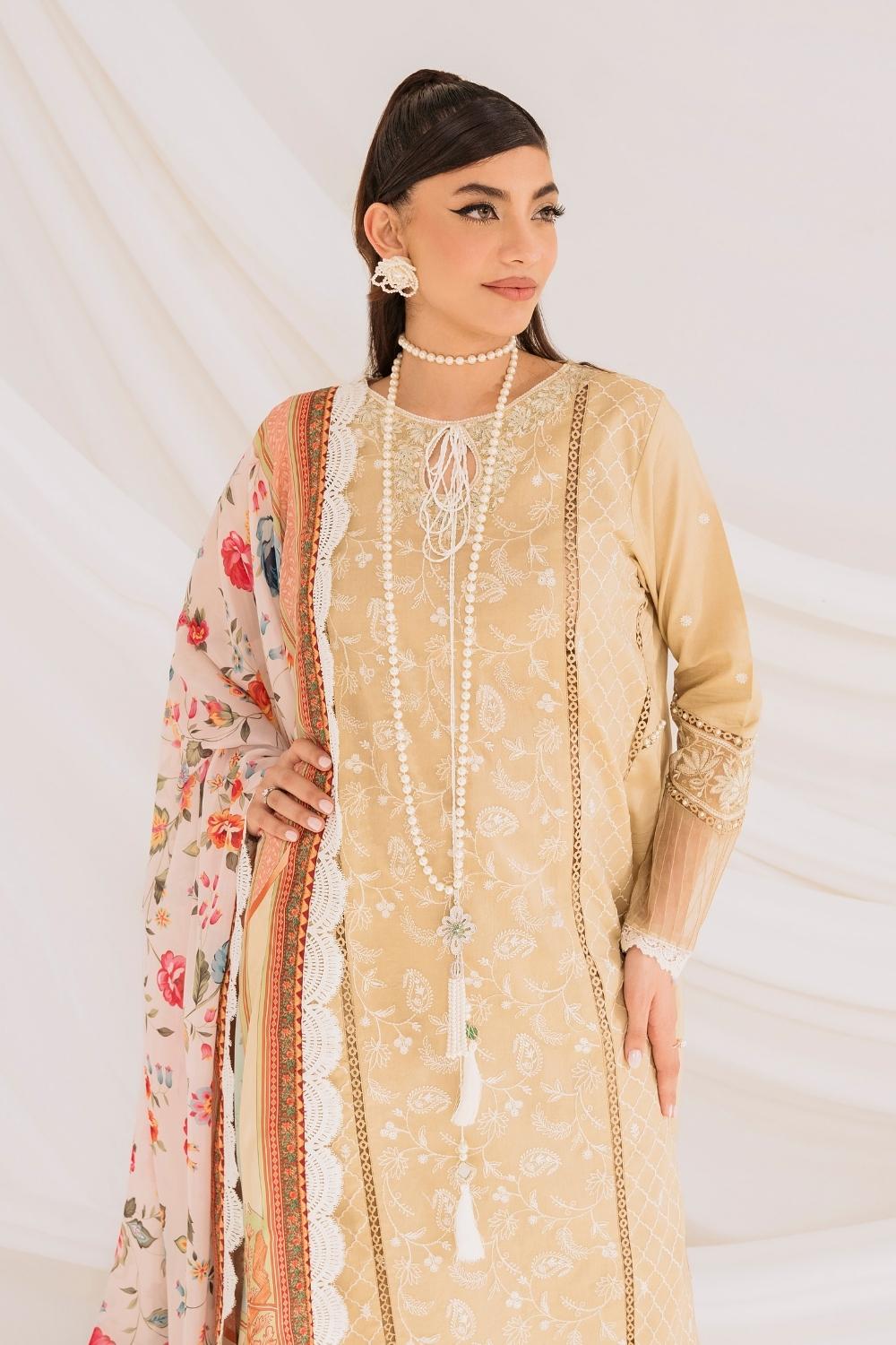 3PC Unstitched | Embroidered Lawn Suit | Silk Dupatta