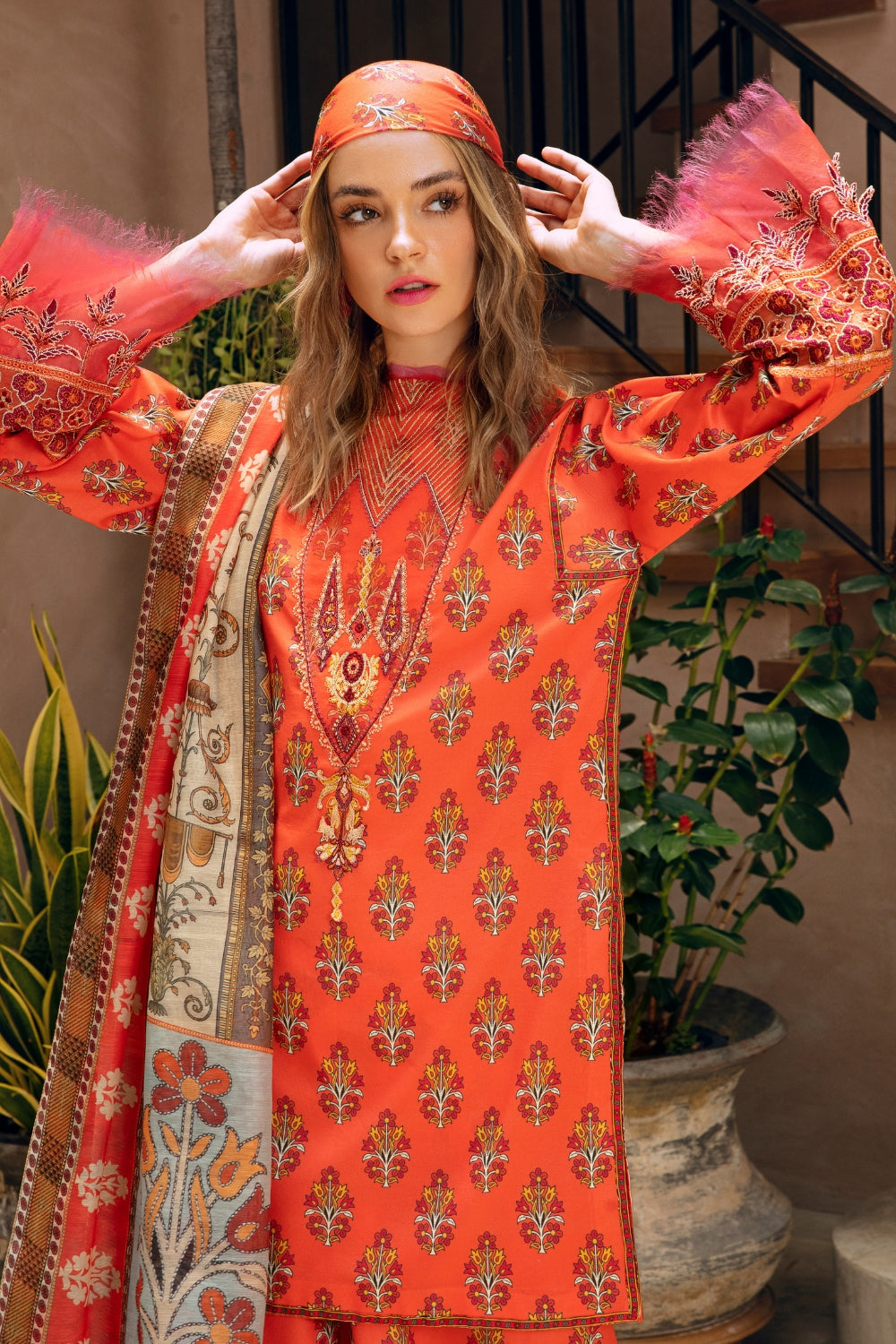 3PC Unstitched | Embroidered Lawn Suit | Manar Printed Dupatta