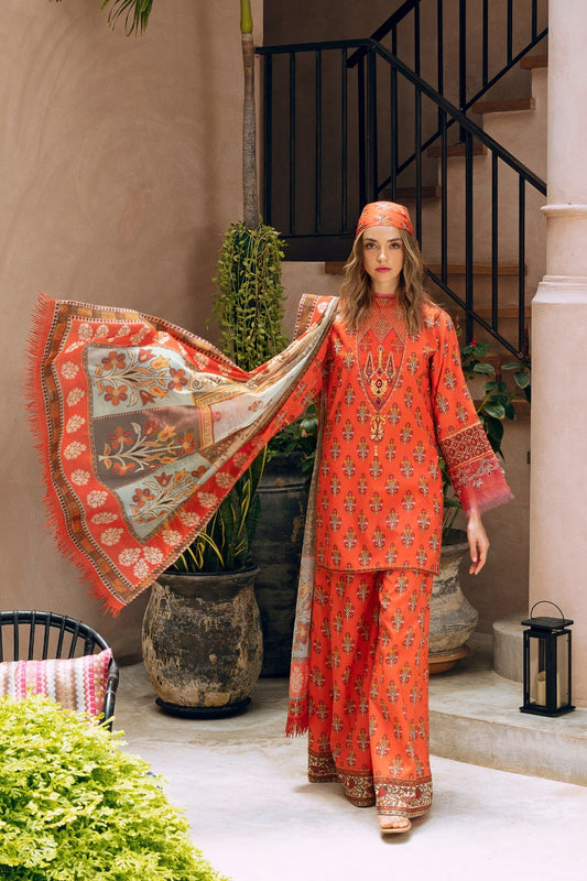 3PC Unstitched | Embroidered Lawn Suit | Manar Printed Dupatta