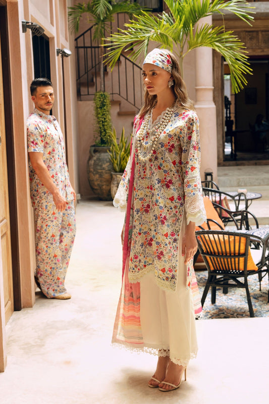 3PC Unstitched | Embroidered Lawn Suit | Poly Silk Printed Dupatta